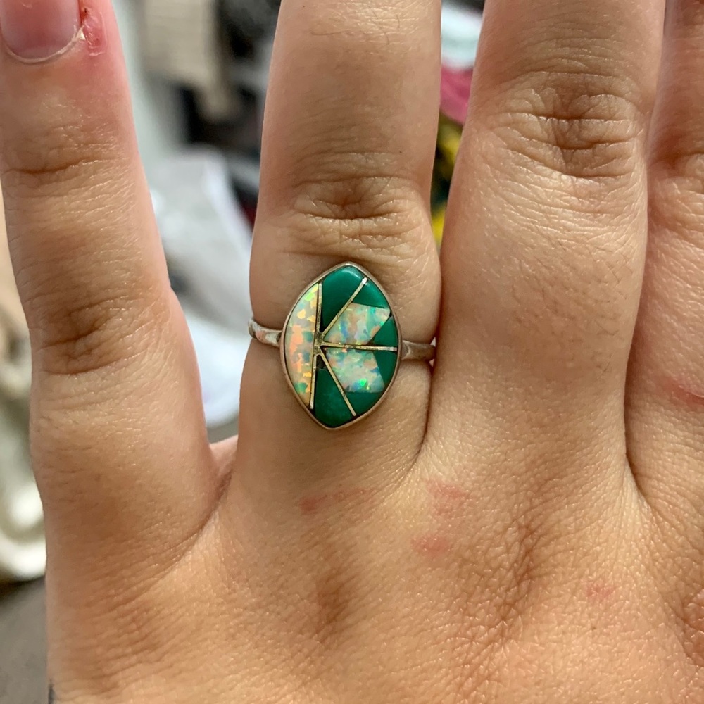 Silver, turquoise & opal ring